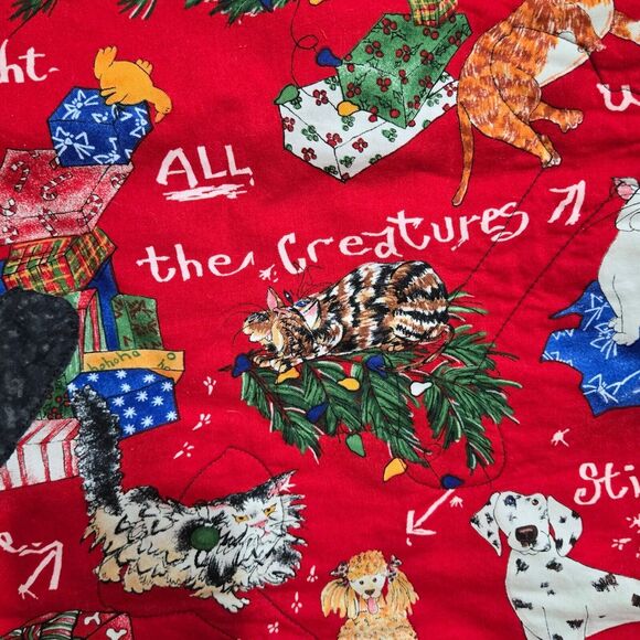 Handmade 1988 Artist Signed Mischievous Dogs Cats Christmas Quilted Wall Hanging - Picture 9 of 14